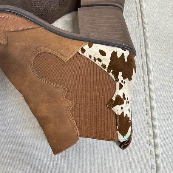 Altar’d State Sz 8.5 Cow Print Brown Western Cowboy Booties Pointed Toe Festival - Picture 11 of 15